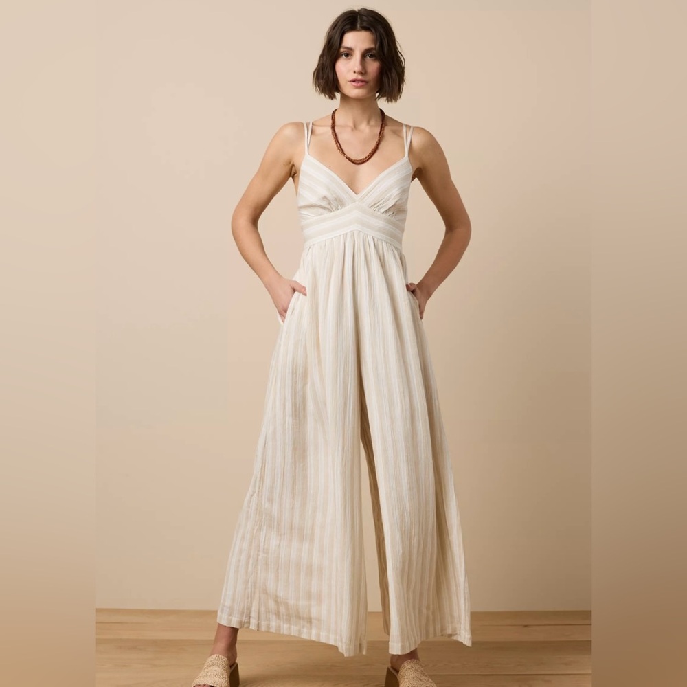 American Eagle Outfitters Cream Jumpsuit with Adjustable Straps